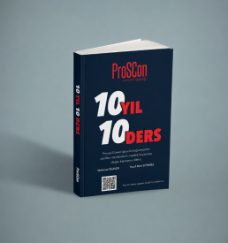 Dark blue book standing upright with the title '10 YIL 10 DERS' in white and red, ProSCon branding, and a QR code on the cover.